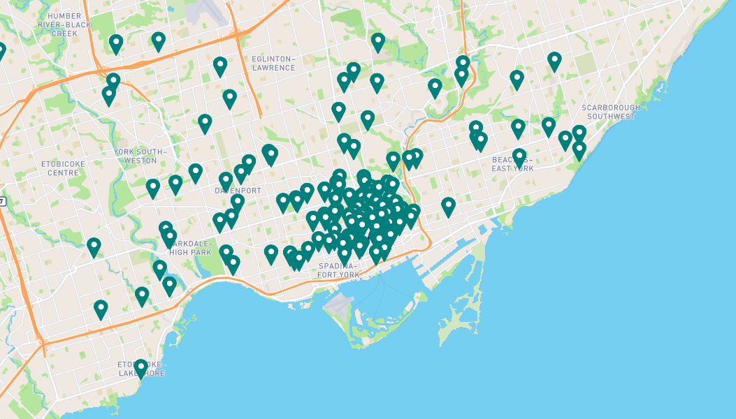 A screenshot of the Community Map in action, with dark green map markers dotting a map of Toronto.